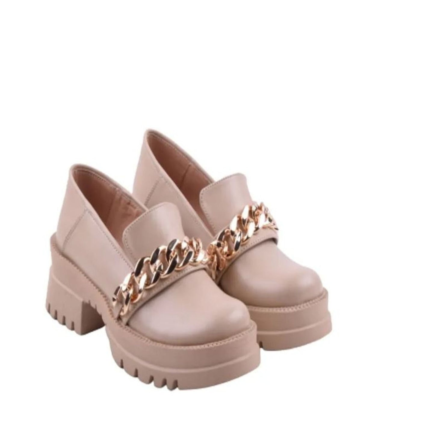 Leather Chain Detail Chunky Loafers - Beige