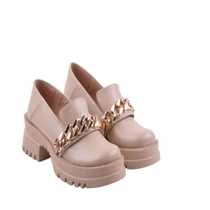 Leather Chain Detail Chunky Loafers - Beige