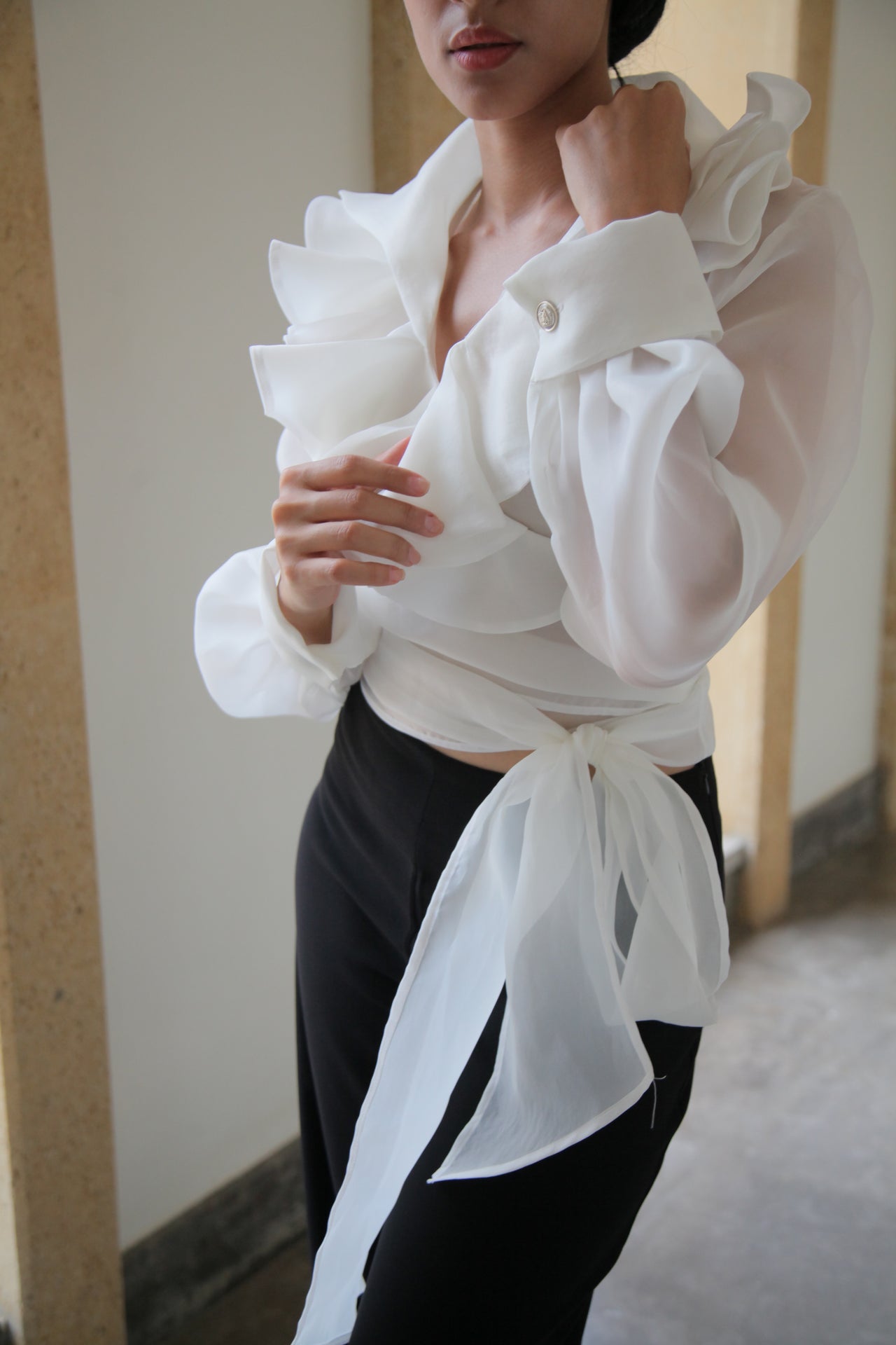 Organza Ruffled Wrap Blouse – White