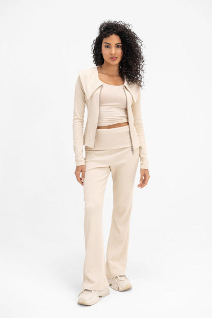 Lycra Ribbed Knit Double Zipper Jacket - Latte