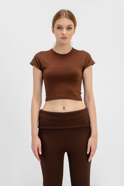 Cotton Cropped Round Neck Top Cap Sleeve - Chocolate