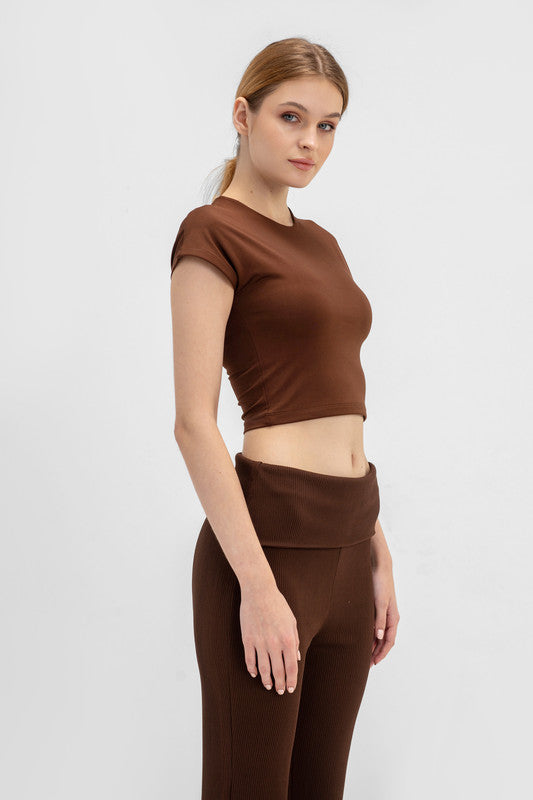 Cotton Cropped Round Neck Top Cap Sleeve - Chocolate