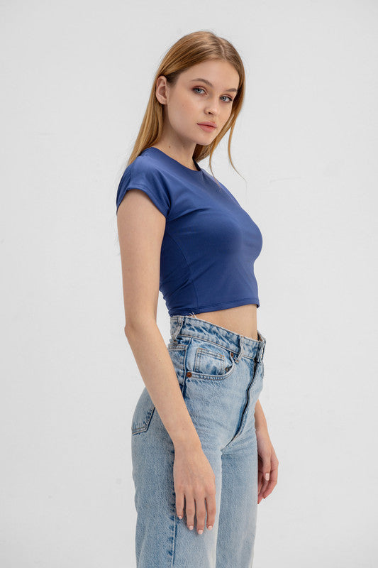 Cotton Cropped Round Neck Top Cap Sleeve - Navy
