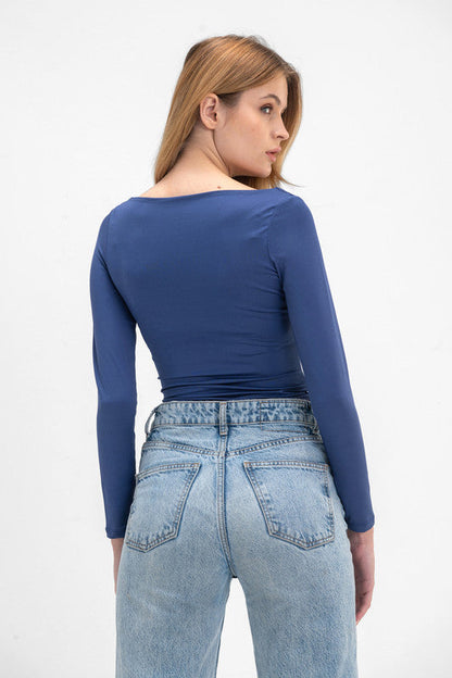 Lycra Boat-Neck Top - Navy