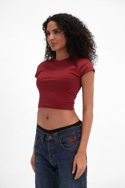 Cotton Cropped Round Neck Top Cap Sleeve - Burgundy