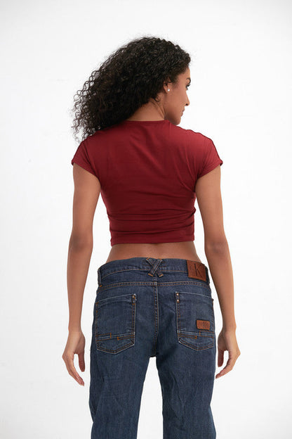 Cotton Cropped Round Neck Top Cap Sleeve - Burgundy