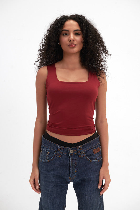 Lycra Square Neck Double-Layer Top - Burgundy