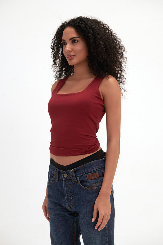 Lycra Square Neck Double-Layer Top - Burgundy