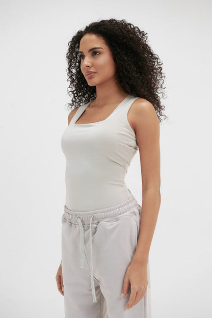 Lycra Square Neck Double-Layer Top - Silver