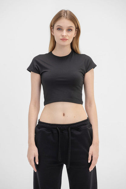 Cotton Cropped Round Neck Top Cap Sleeve - Black