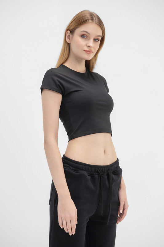 Cotton Cropped Round Neck Top Cap Sleeve - Black