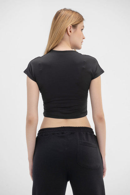 Cotton Cropped Round Neck Top Cap Sleeve - Black