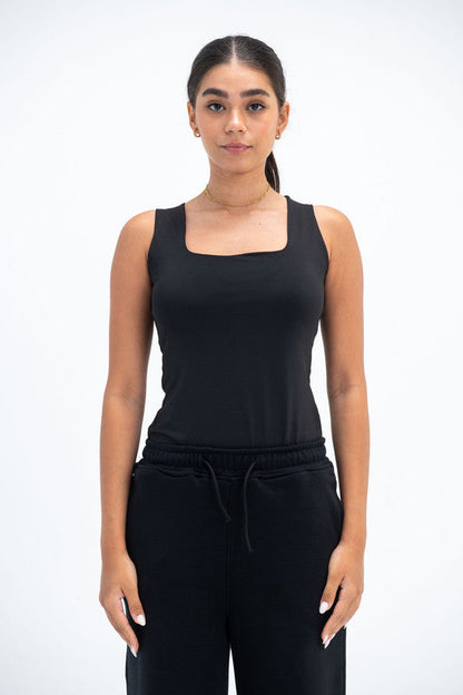 Lycra Square Neck Double-Layer Top - Black