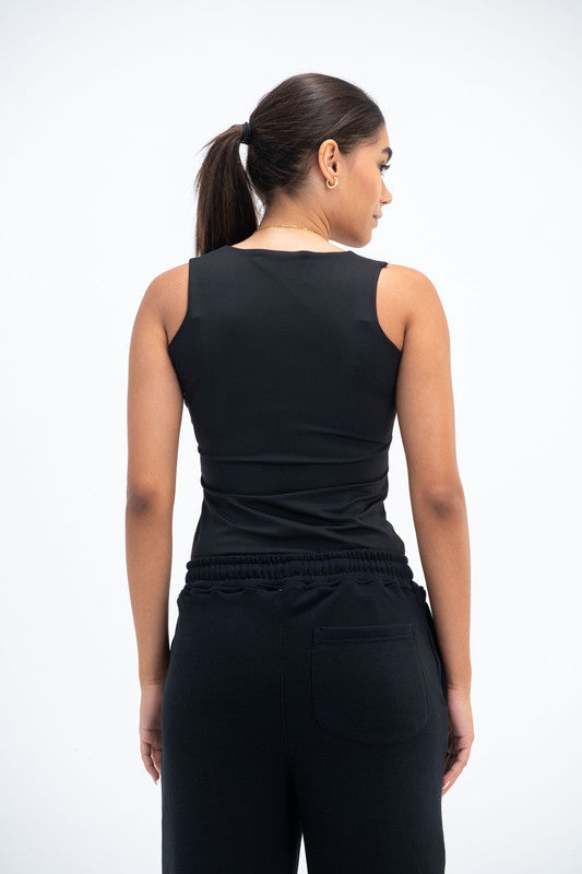 Lycra Square Neck Double-Layer Top - Black