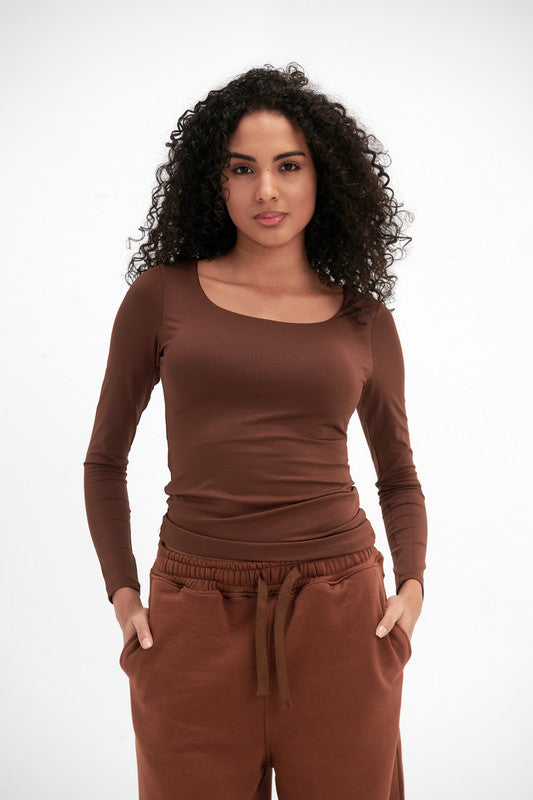 Lycra Seamless Scoop Neck Sculpt Long Sleeve - Chocolate