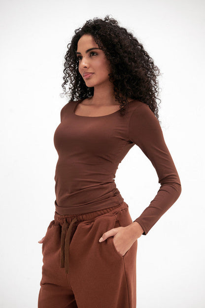 Lycra Seamless Scoop Neck Sculpt Long Sleeve - Chocolate