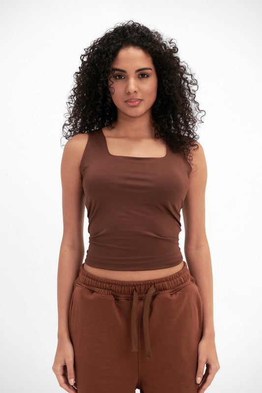 Lycra Square Neck Double-Layer Top - Chocolate