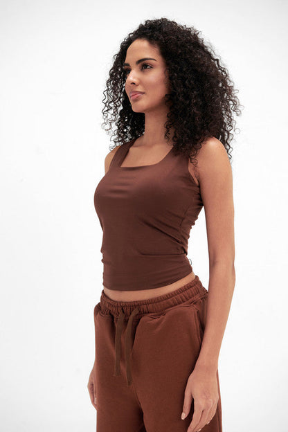 Lycra Square Neck Double-Layer Top - Chocolate
