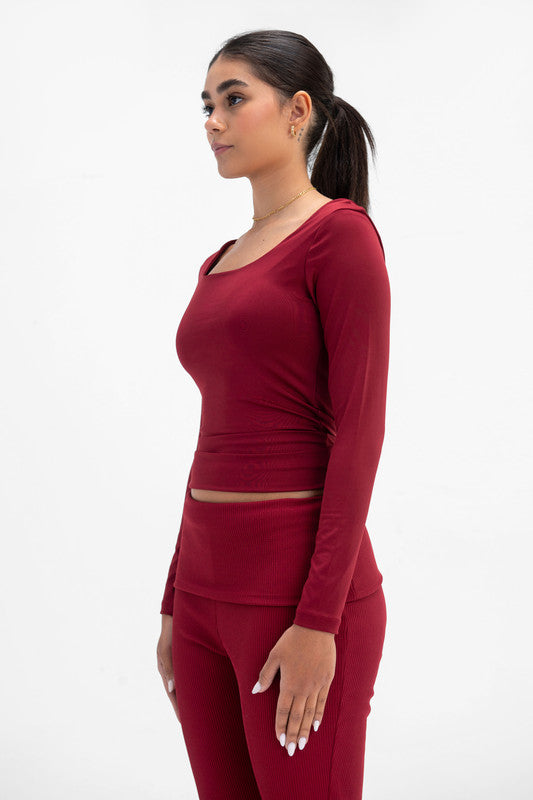 Lycra Seamless Scoop Neck Sculpt Long Sleeve - Burgundy