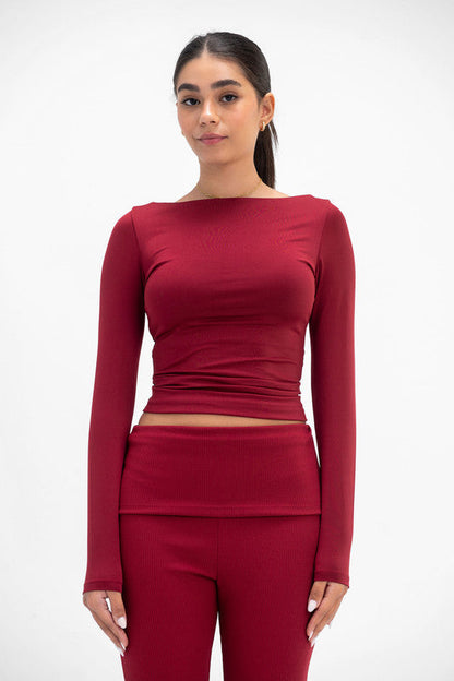 Lycra Boat-Neck Top - Burgundy