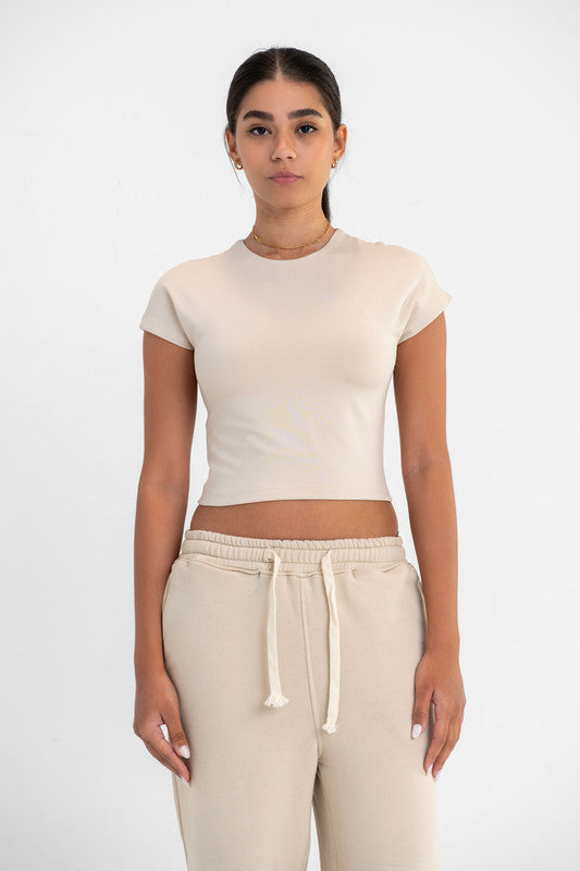 Cotton Cropped Round Neck Top Cap Sleeve - Latte