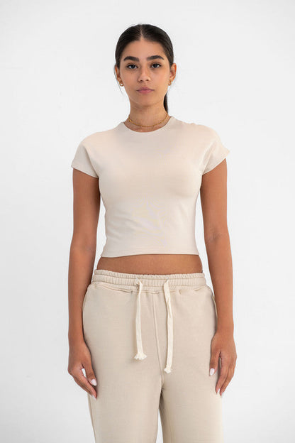 Cotton Cropped Round Neck Top Cap Sleeve - Latte