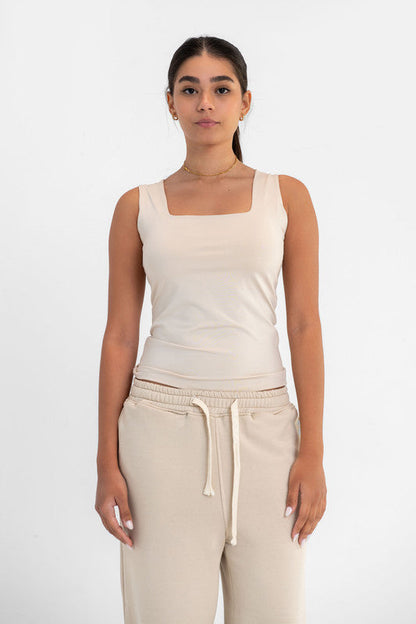 Lycra Square Neck Double-Layer Top - Latte