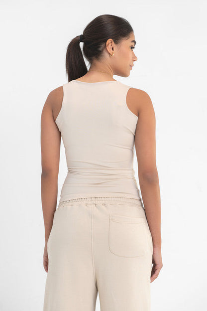 Lycra Square Neck Double-Layer Top - Latte