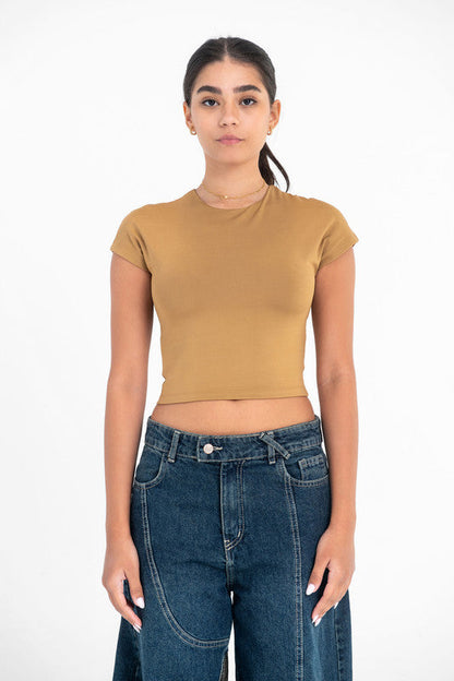 Cotton Cropped Round Neck Top Cap Sleeve - Coffee