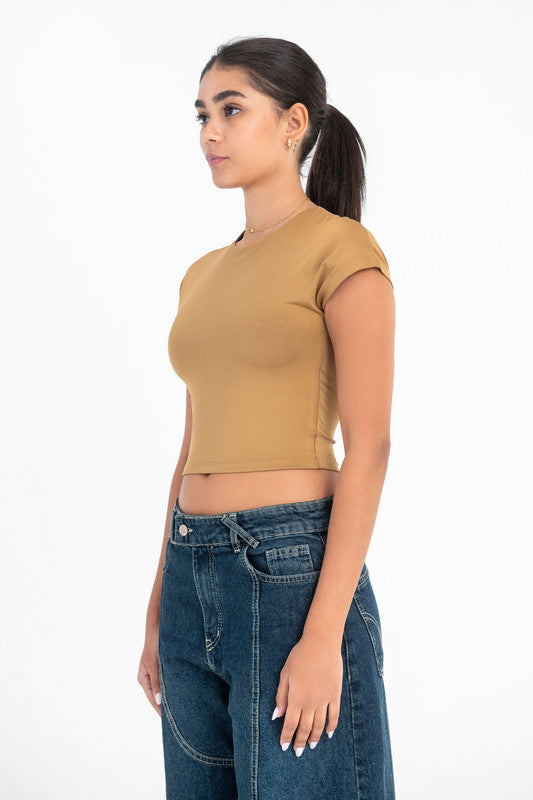 Cotton Cropped Round Neck Top Cap Sleeve - Coffee