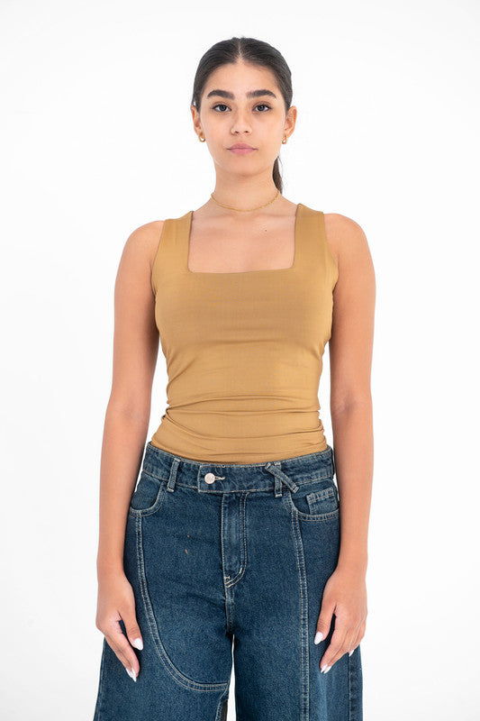 Lycra Square Neck Double-Layer Top - Coffee