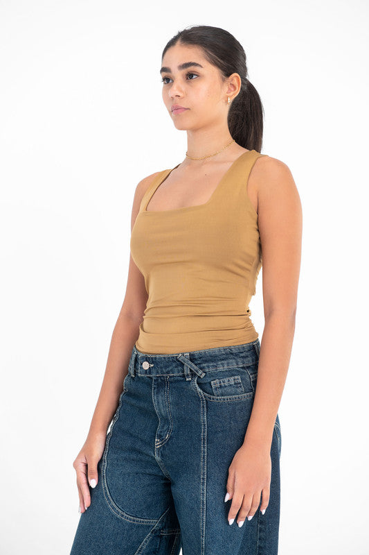 Lycra Square Neck Double-Layer Top - Coffee