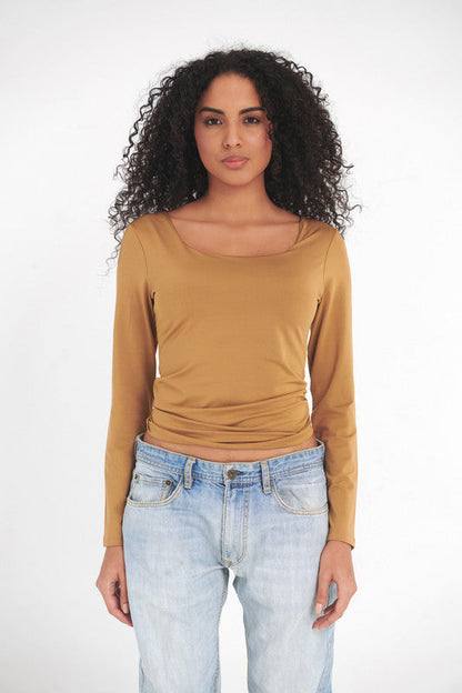 Lycra Seamless Scoop Neck Sculpt Long Sleeve - Coffee