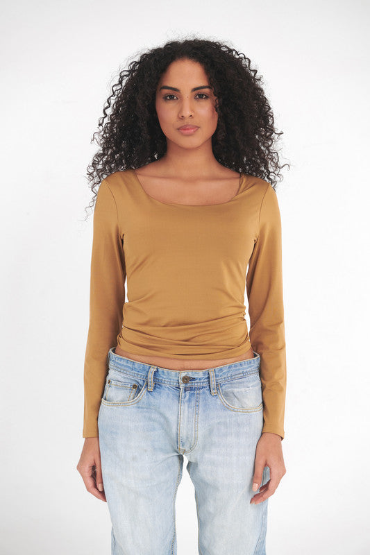 Lycra Seamless Scoop Neck Sculpt Long Sleeve - Coffee