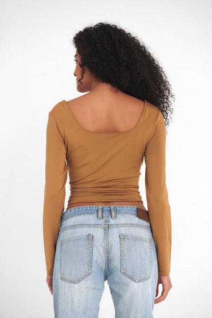Lycra Seamless Scoop Neck Sculpt Long Sleeve - Coffee
