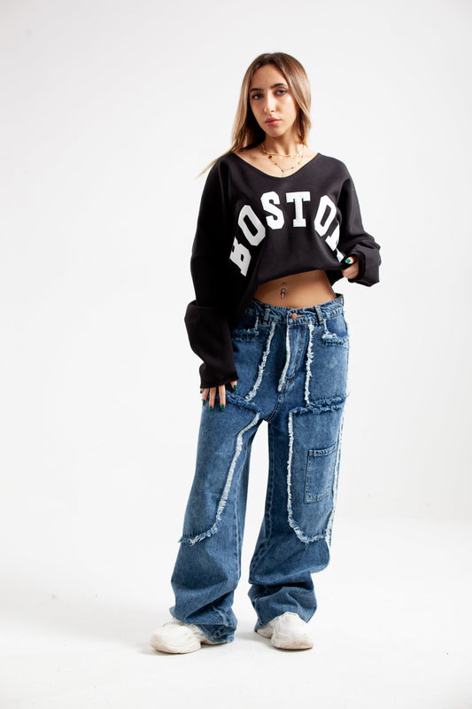 Melton Cotton 3D Print Cropped Sweatshirt – Black