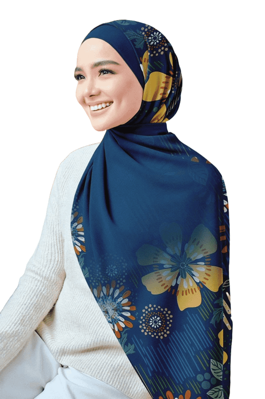 Printed Chiffon Crepe Veil - Navy