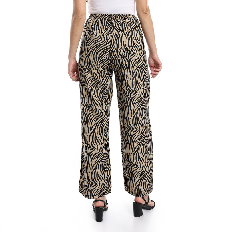 Cotton-Lycra Zebra Print Wide-Leg Pants - Black & Café