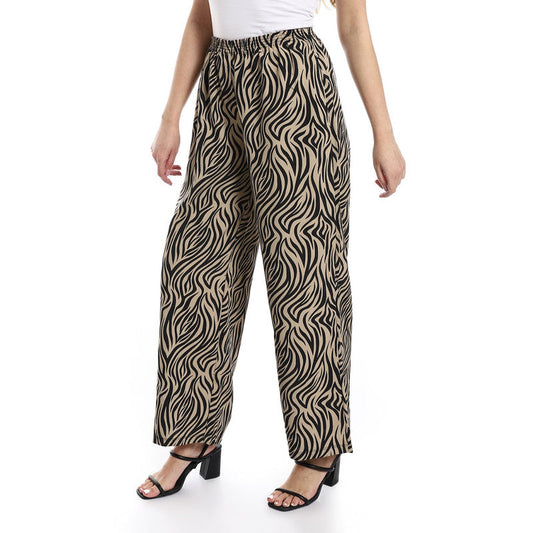 Cotton-Lycra Zebra Print Wide-Leg Pants - Black & Café