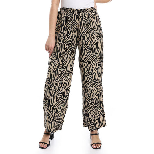 Cotton-Lycra Zebra Print Wide-Leg Pants - Black & Café