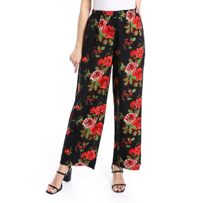 Cotton-Lycra Floral Wide-Leg Pants - Black & Red