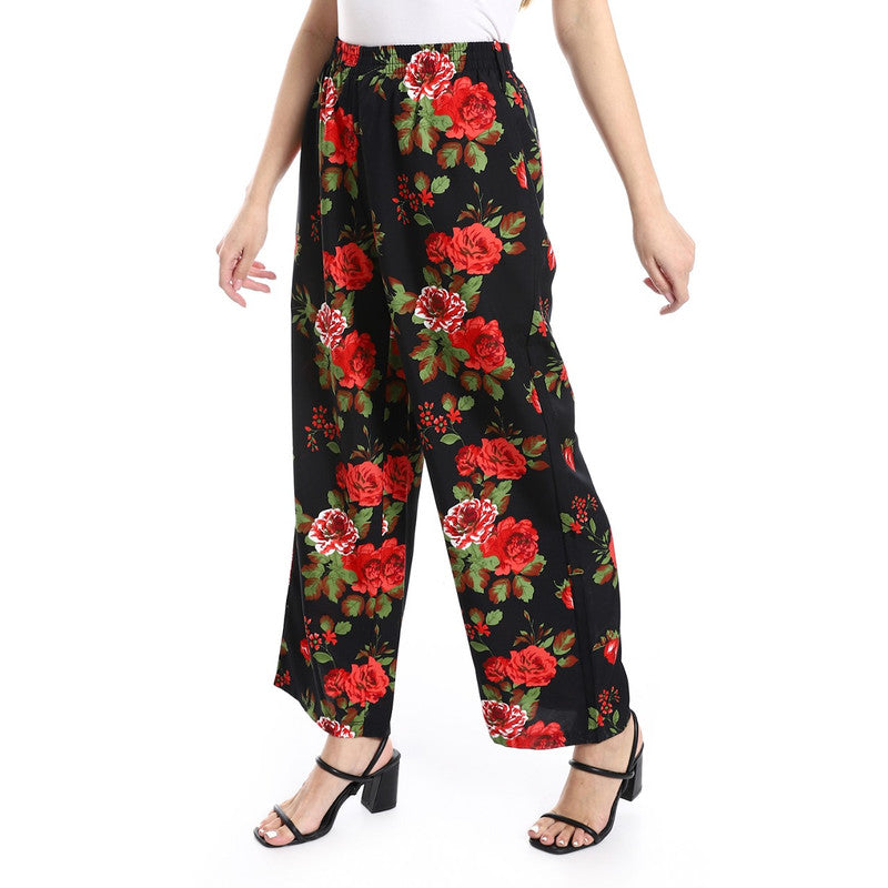 Cotton-Lycra Floral Wide-Leg Pants - Black & Red