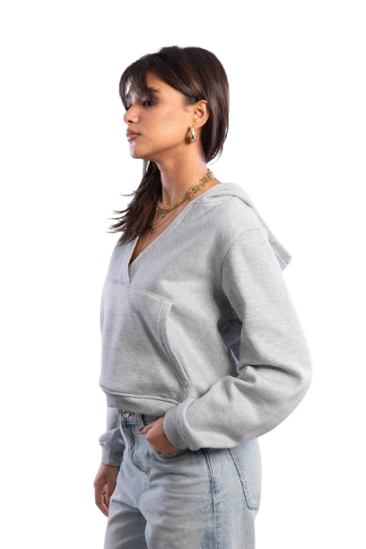 Cropped V-Neck Sweatshirt - Grey