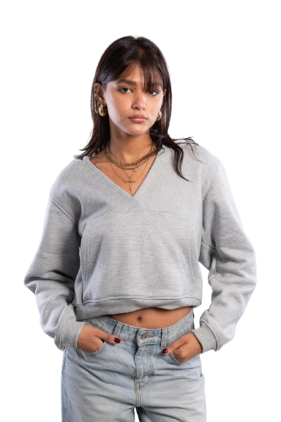 Cropped V-Neck Sweatshirt - Grey