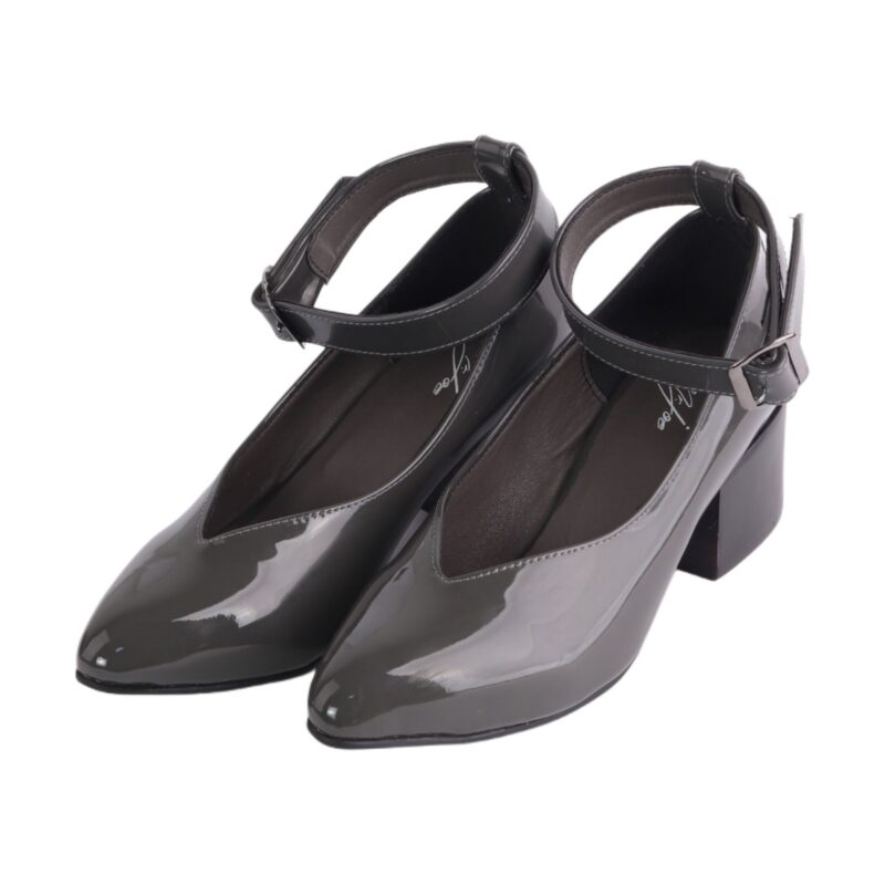 Faux Leather Oval-Toe Block Heel Shoes – Grey