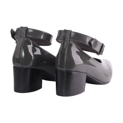 Faux Leather Oval-Toe Block Heel Shoes – Grey