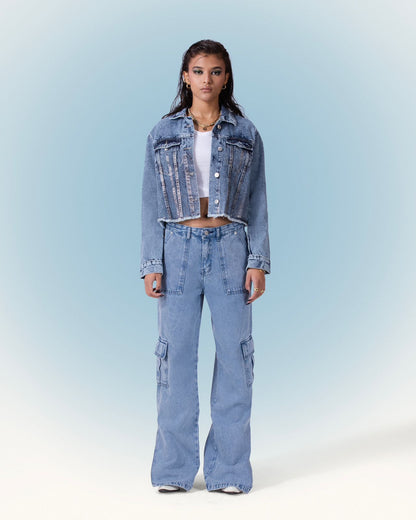 Denim Cargo Straight Cut Jeans - Light Blue