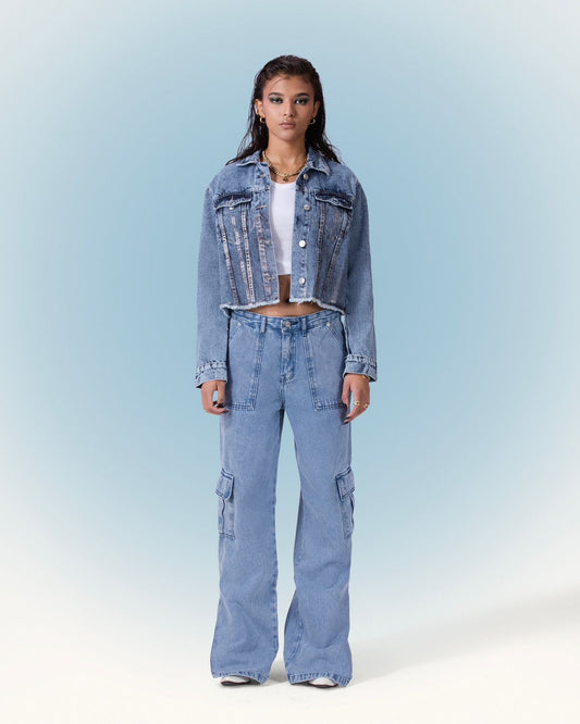 Denim Cargo Straight Cut Jeans - Light Blue