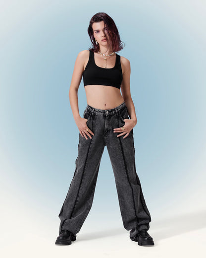 Denim Tassle Straight Cut Jeans - Grey