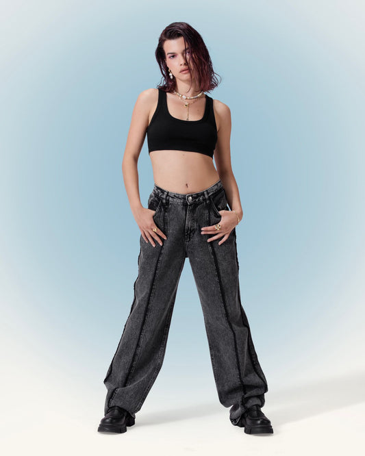 Denim Tassle Straight Cut Jeans - Grey